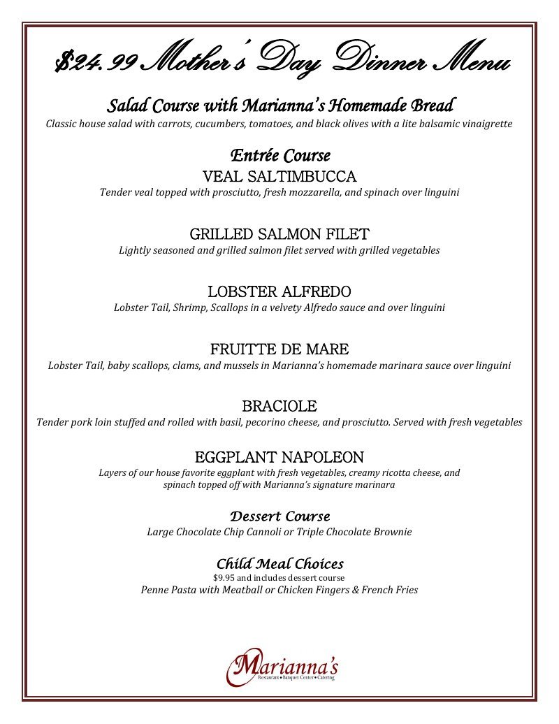 Example of a past Marianna’s holiday menu: Mother’s Day dinner menu